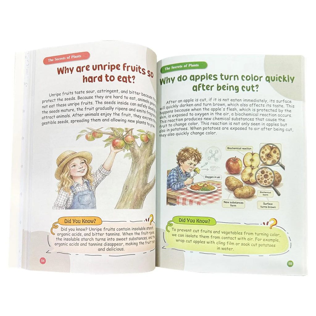 Real inside spread — Why are unripe fruits so hard to eat? full-color illustrated pages